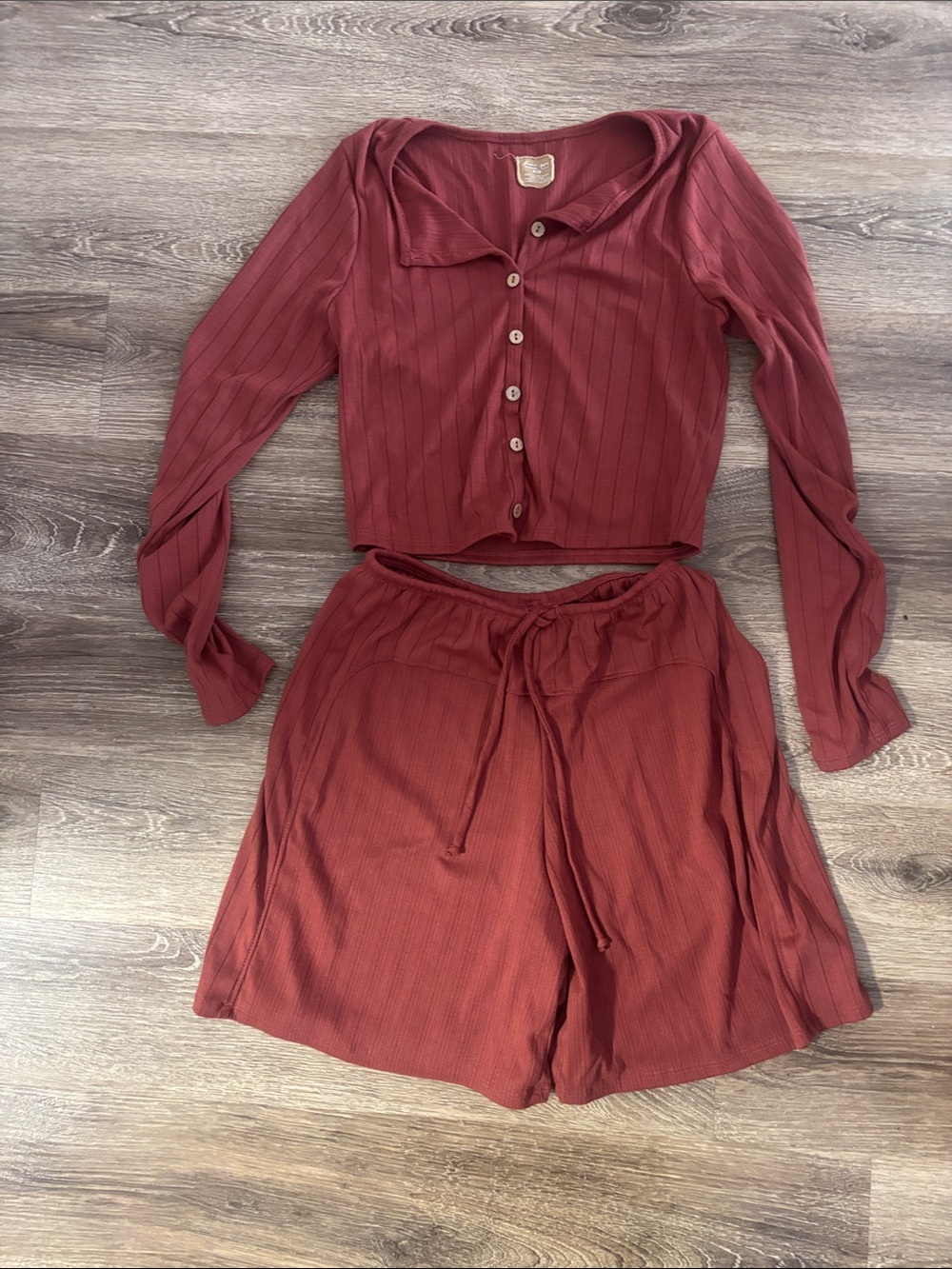 Free People Ribbed Button-Front Crop Top & Drawstring Shorts Set - Rust